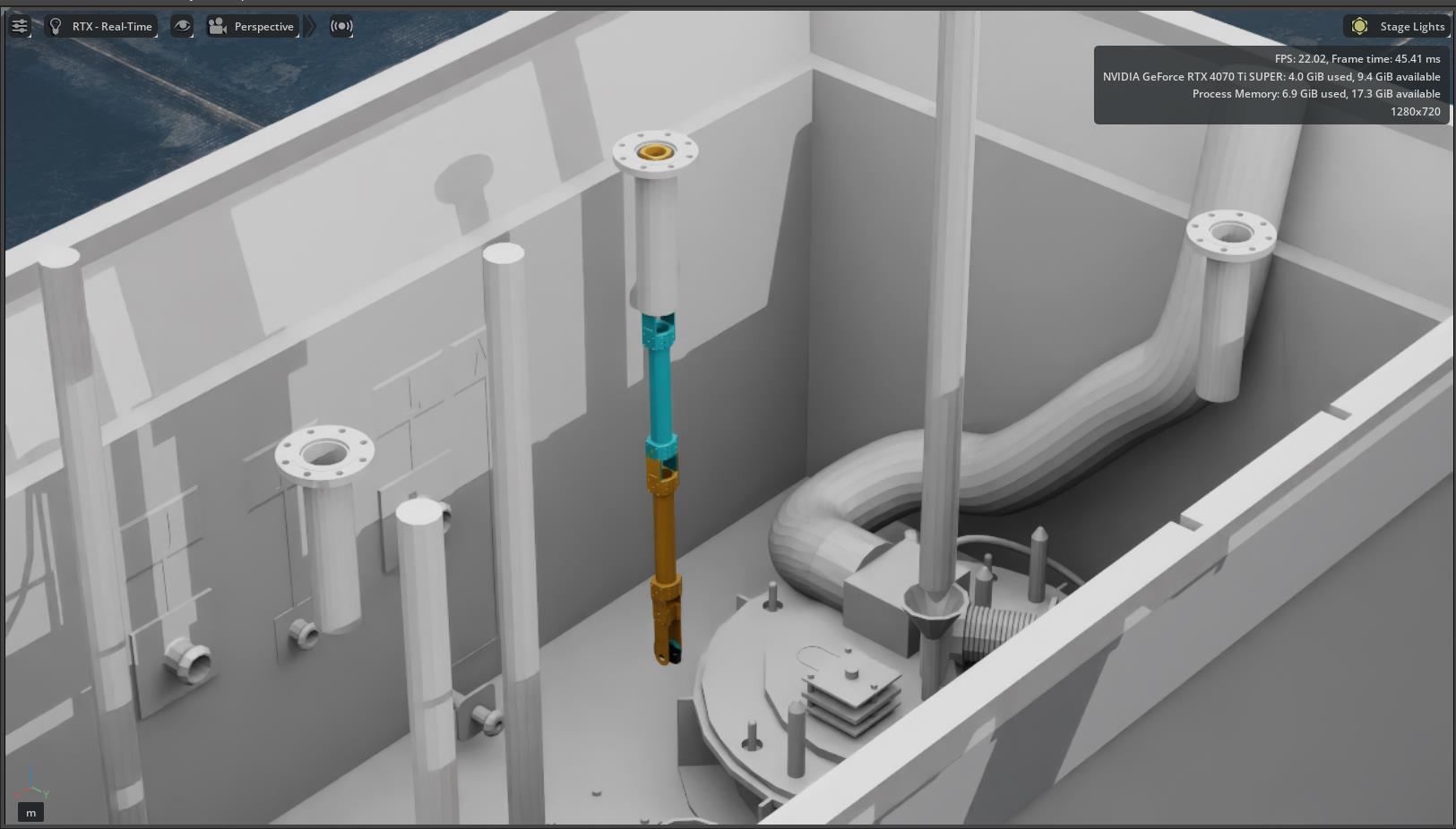 The articulated robot in the representative pit model in Isaac Sim. Presentation, slide 8.