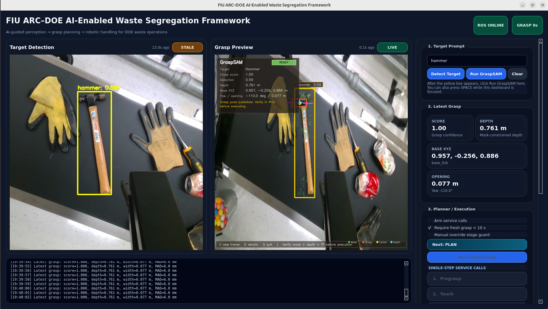 Recorded perception interface with text-selected object detection and a grasp preview.