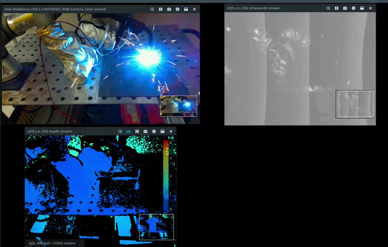 A physical welding experiment viewed through Intel RealSense L515 RGB, infrared, and depth streams.